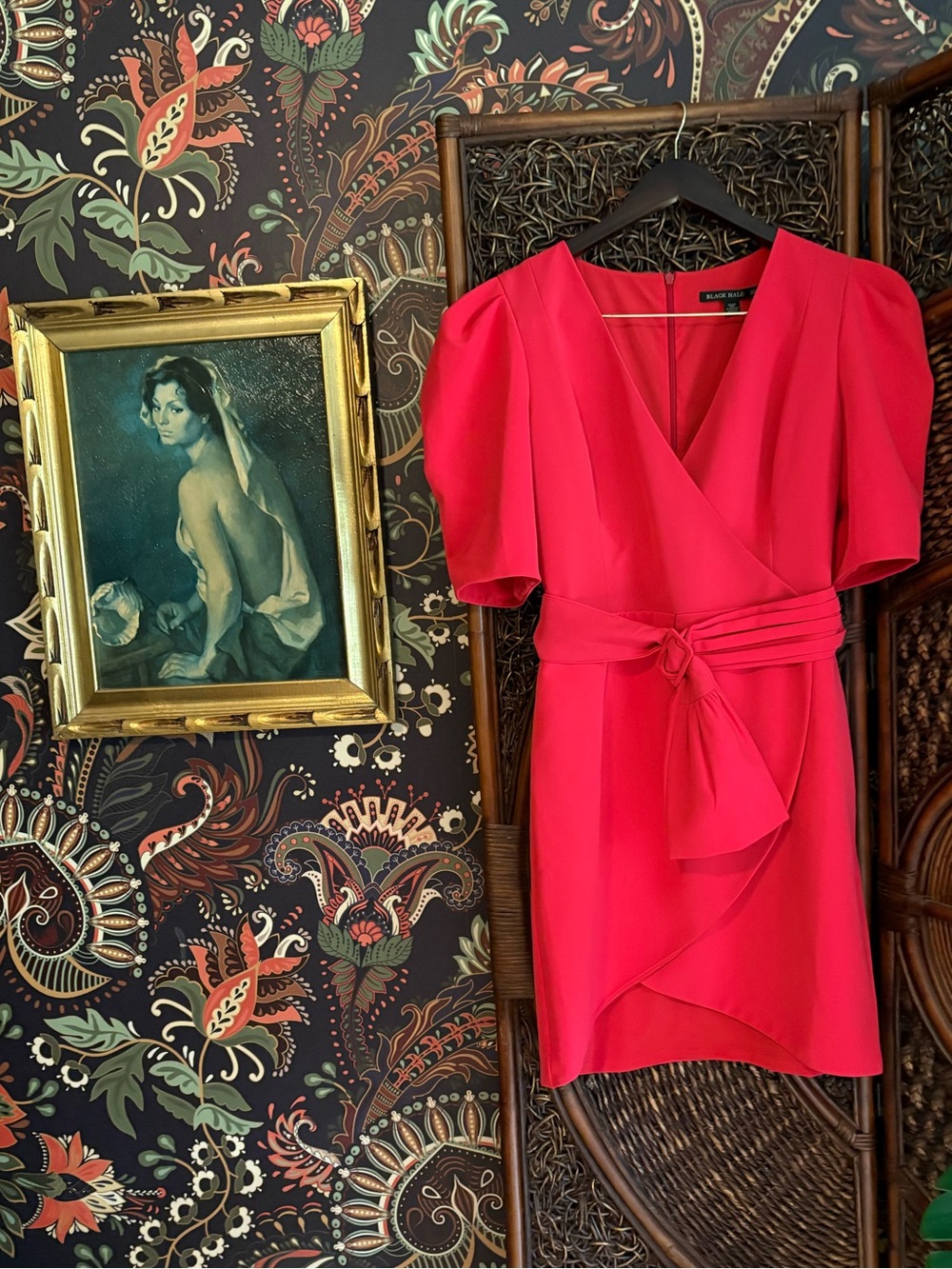Black Halo Maricopa Puff Sleeve Cocktail Dress Power Red Statement Dress Size 10